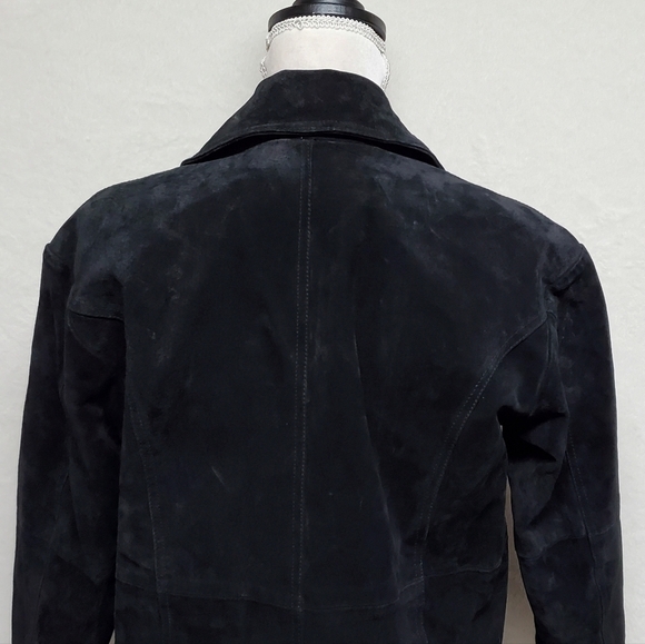 VINTAGE 90s Gasoline Black Suede Leather Quilted Filled Cropped Biker Jacket S - Picture 10 of 13